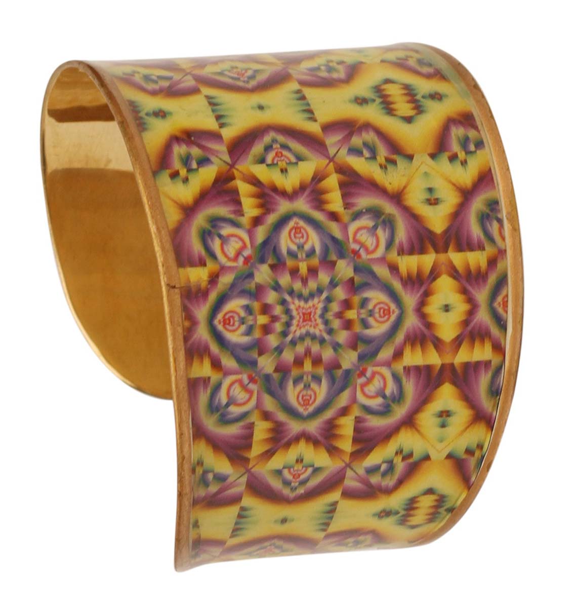 2.6” Golden Brass Cuff Bracelet with Yellow Mauve Illusionary Pattern - Trendy Accessories / Jewelry / Gifts for Her - Buy in Bulk Wholesale